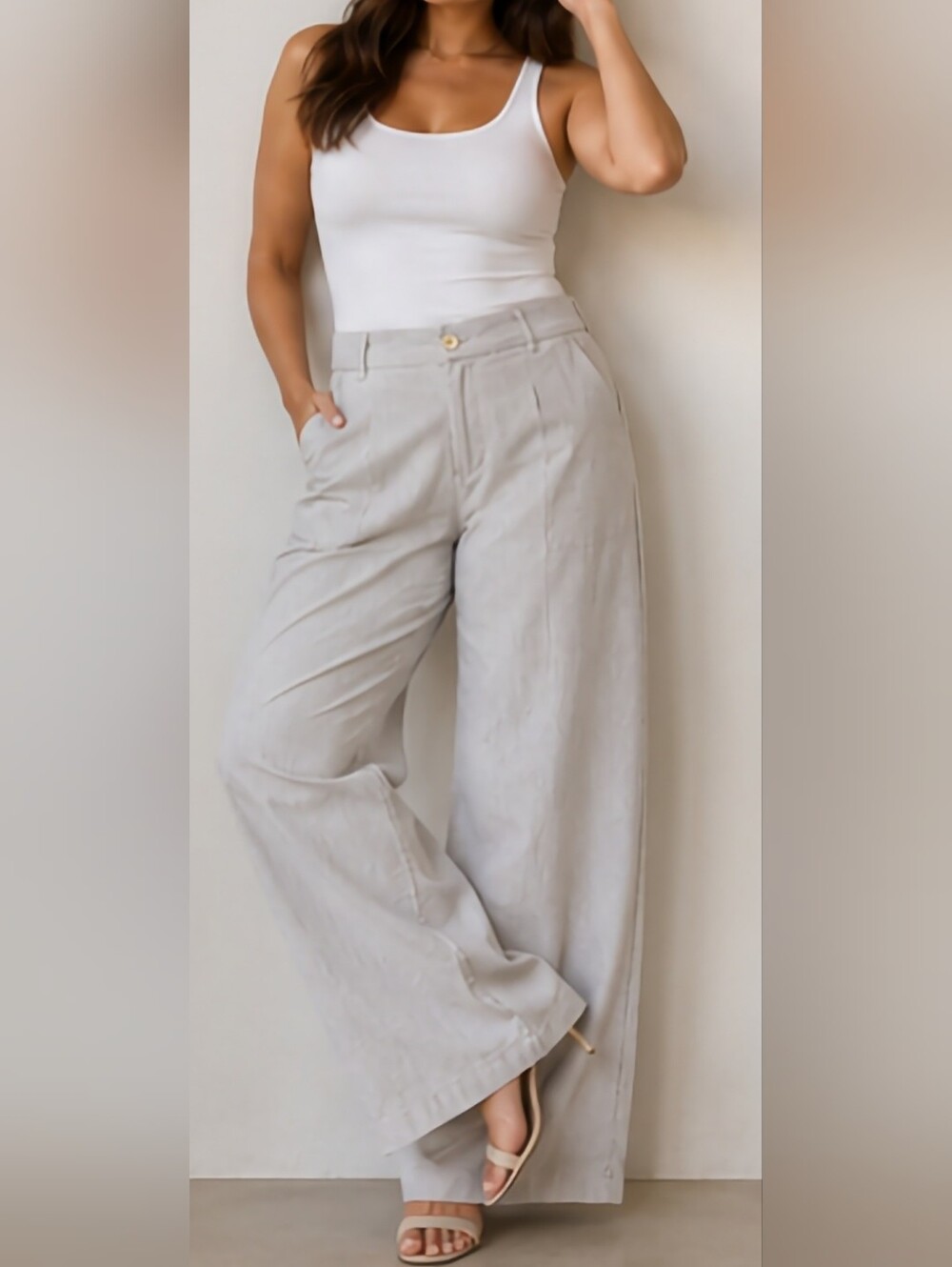 Banana Republic Stretch Cotton Light Gray/Biege Wide-Leg Striped Pants 12